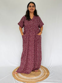 Mauve Floral Printed V-Neck Alfine Churidar Cut Nighty | Free Size | Chest Width 44″| Length 56″