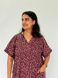 Mauve Floral Printed V-Neck Alfine Churidar Cut Nighty | Free Size | Chest Width 44″| Length 56″