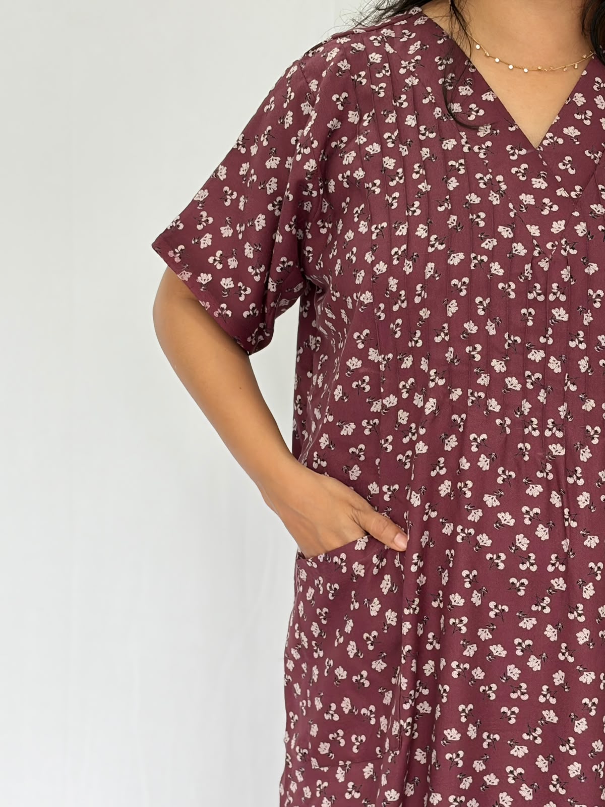 Mauve Floral Printed V-Neck Alfine Churidar Cut Nighty | Free Size | Chest Width 44″| Length 56″