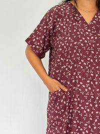 Mauve Floral Printed V-Neck Alfine Churidar Cut Nighty | Free Size | Chest Width 44″| Length 56″
