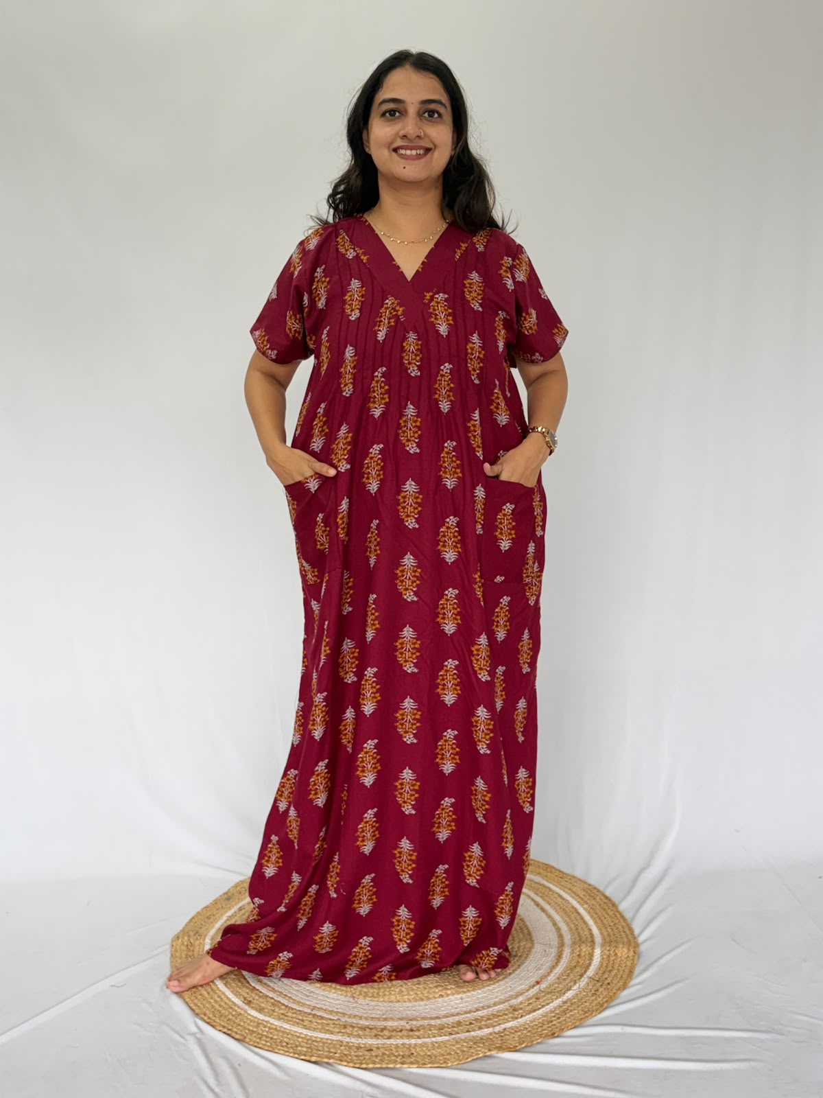 Maroon Floral Printed V-Neck Alfine Churidar Cut Nighty | Free Size | Chest Width 44″| Length 56″
