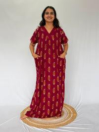 Maroon Floral Printed V-Neck Alfine Churidar Cut Nighty | Free Size | Chest Width 44″| Length 56″