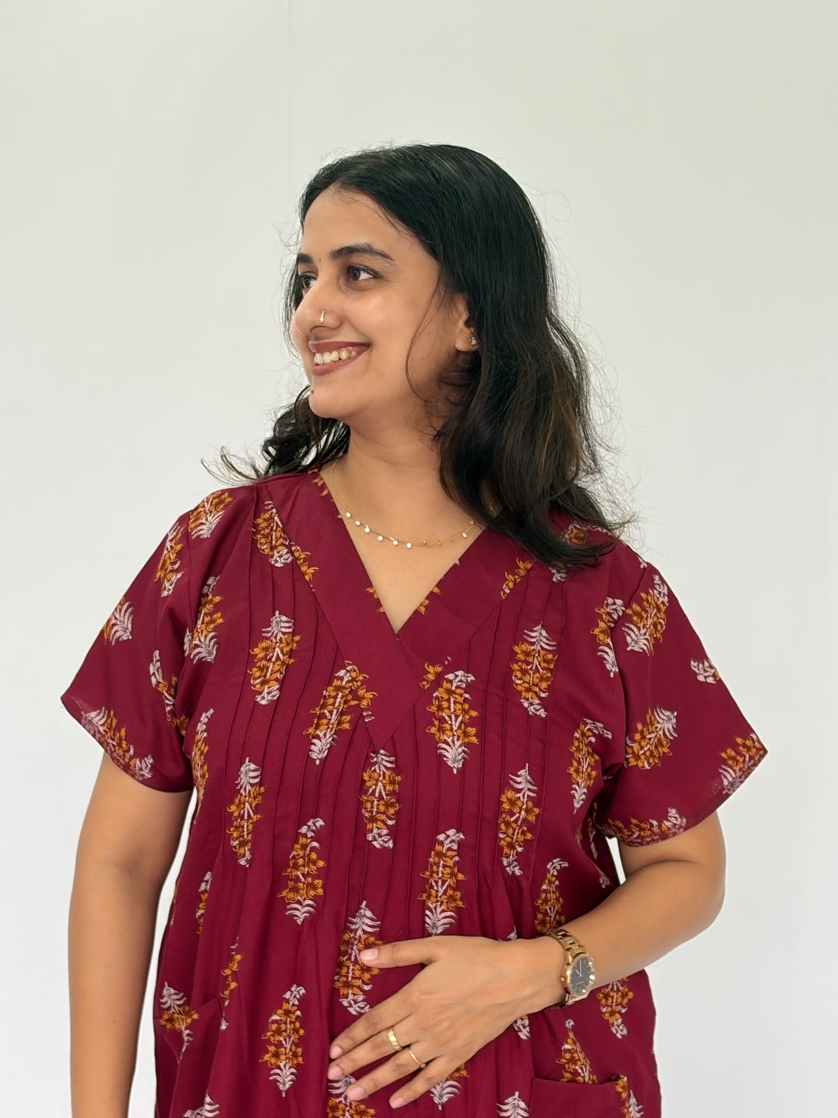 Maroon Floral Printed V-Neck Alfine Churidar Cut Nighty | Free Size | Chest Width 44″| Length 56″