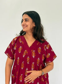 Maroon Floral Printed V-Neck Alfine Churidar Cut Nighty | Free Size | Chest Width 44″| Length 56″