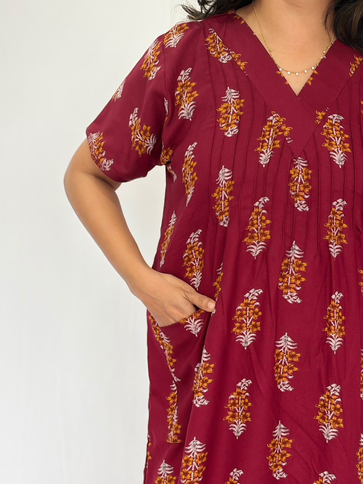 Maroon Floral Printed V-Neck Alfine Churidar Cut Nighty | Free Size | Chest Width 44″| Length 56″