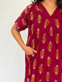 Maroon Floral Printed V-Neck Alfine Churidar Cut Nighty | Free Size | Chest Width 44″| Length 56″