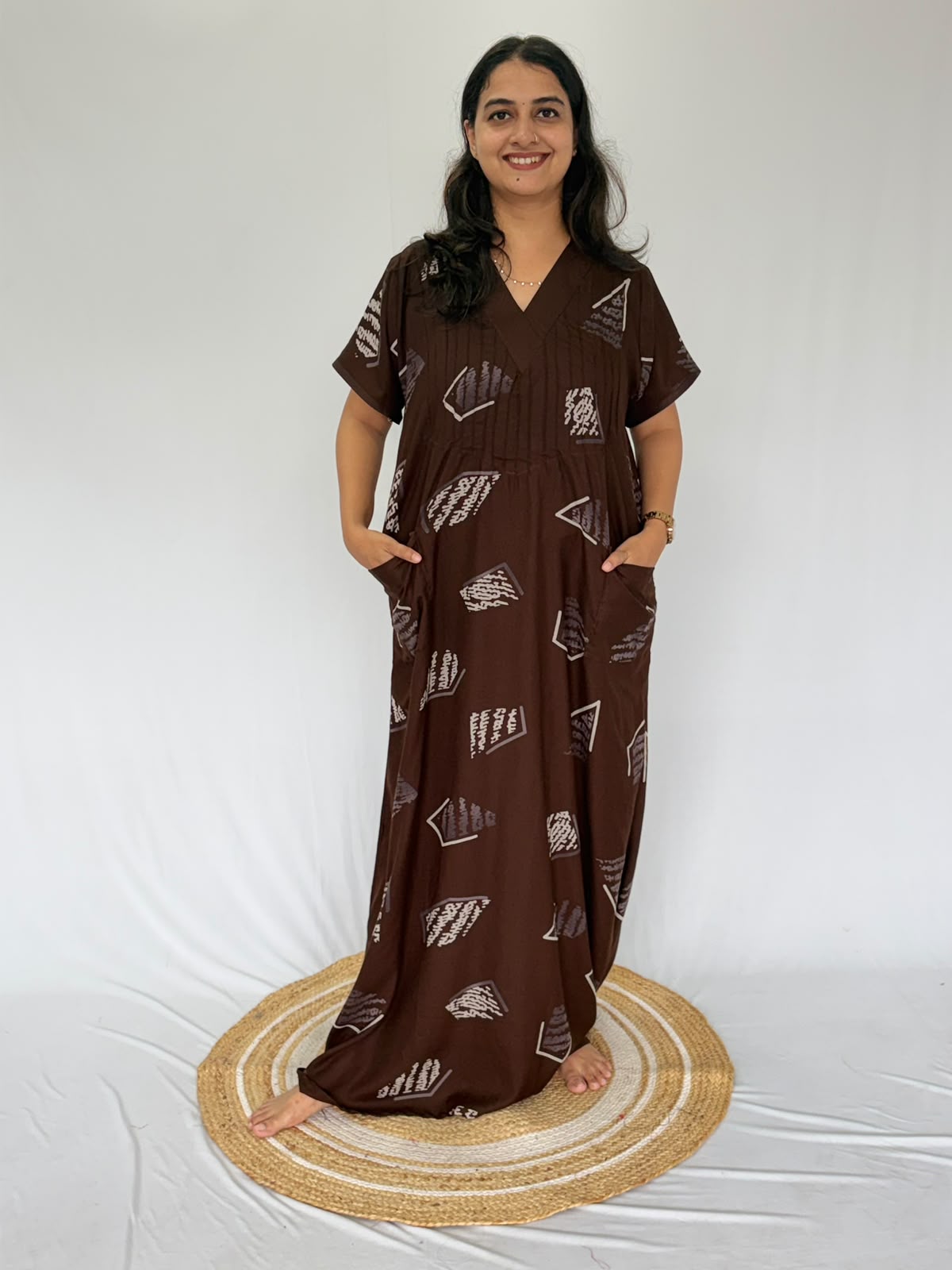 Coffee Brown Printed V-Neck Alfine Churidar Cut Nighty | Free Size | Chest Width 44″| Length 56″