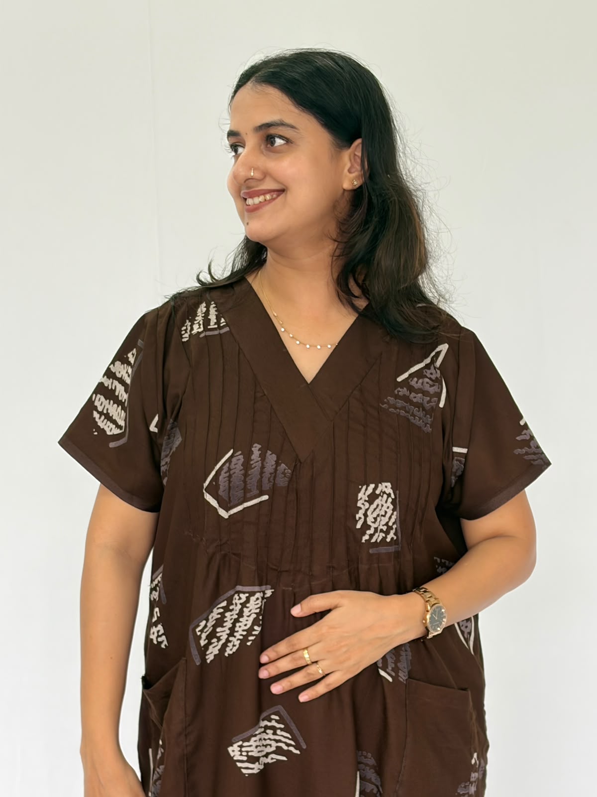 Coffee Brown Printed V-Neck Alfine Churidar Cut Nighty | Free Size | Chest Width 44″| Length 56″