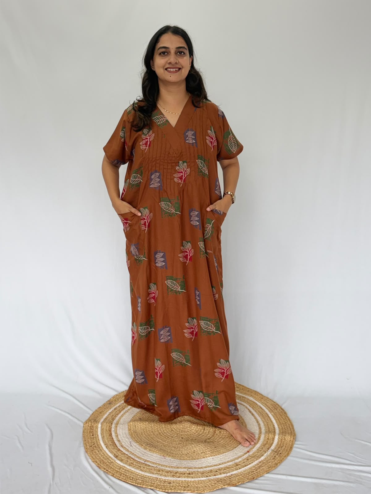 Brown Leaf Printed V-Neck Alfine Churidar Cut Nighty | Free Size | Chest Width 44″| Length 56″