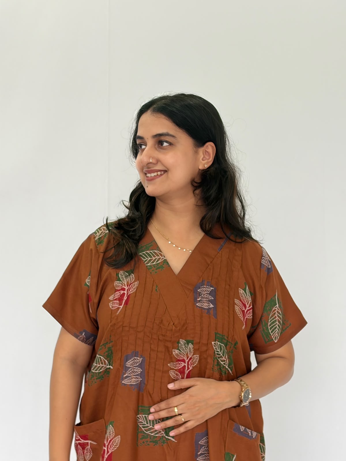 Brown Leaf Printed V-Neck Alfine Churidar Cut Nighty | Free Size | Chest Width 44″| Length 56″