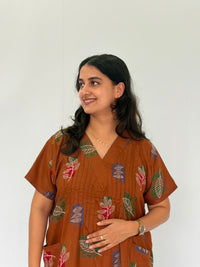 Brown Leaf Printed V-Neck Alfine Churidar Cut Nighty | Free Size | Chest Width 44″| Length 56″