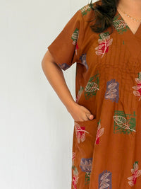 Brown Leaf Printed V-Neck Alfine Churidar Cut Nighty | Free Size | Chest Width 44″| Length 56″