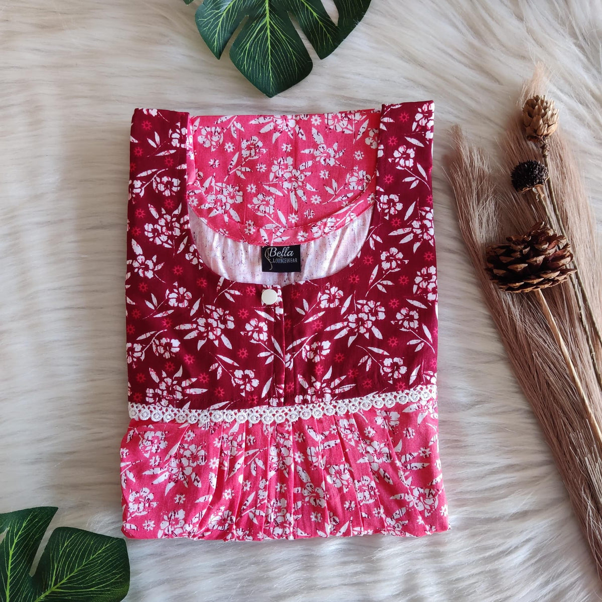 Maroon And Peach Printed Premium Cotton Lace Nighty | Free Size | Chest Width 44″| Length 54″-56″