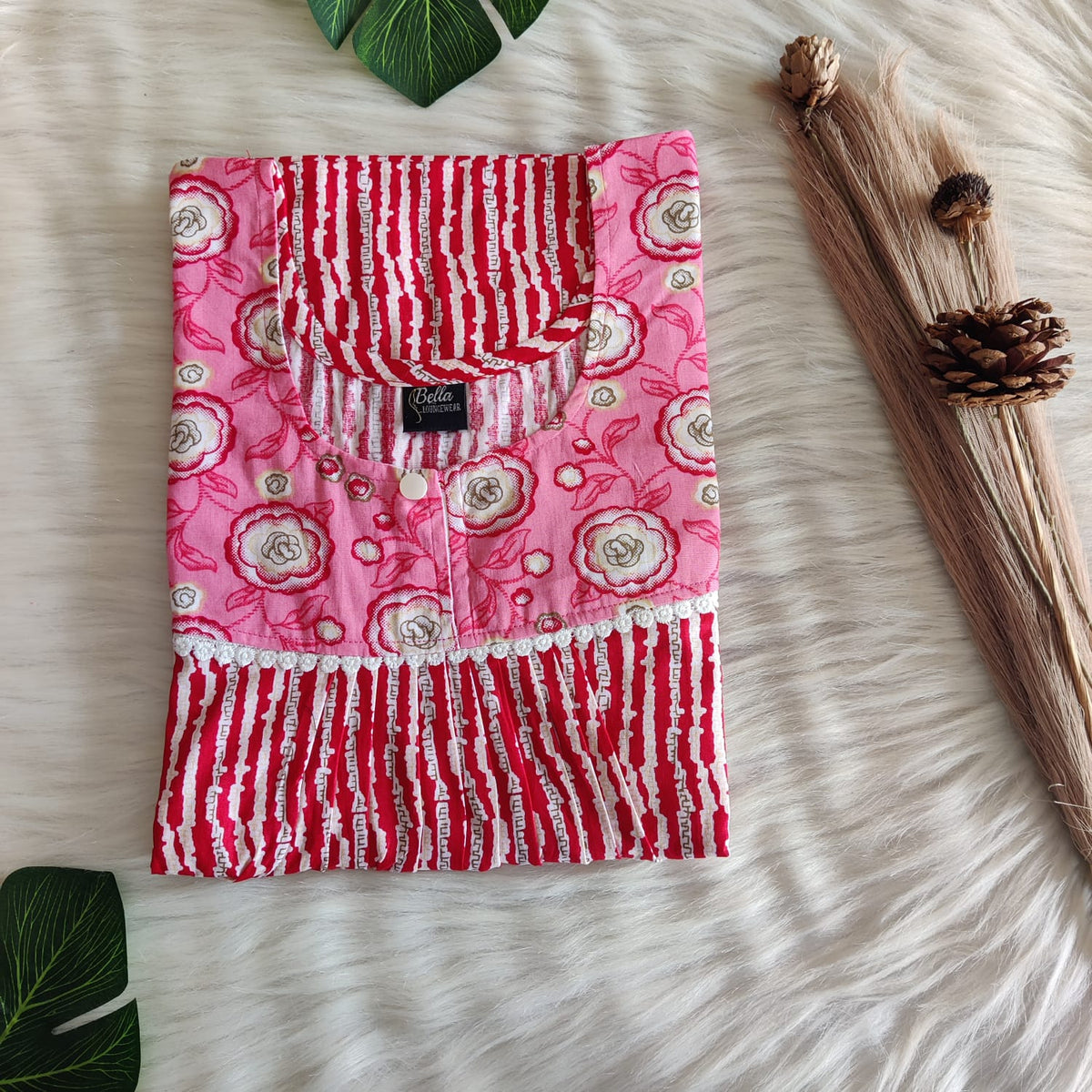 Pink And Red Stripe Printed Premium Cotton Lace Nighty | Free Size | Chest Width 44″| Length 54″-56″