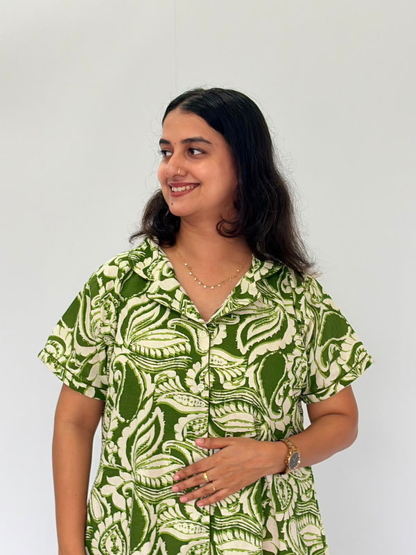 Green Leaf Printed Khadi Cotton Full Open Long Polo Shirt Dress | Side Pocket | Free Size | Chest Width 44″| Length 44″