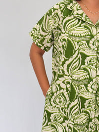 Green Leaf Printed Khadi Cotton Full Open Long Polo Shirt Dress | Side Pocket | Free Size | Chest Width 44″| Length 44″