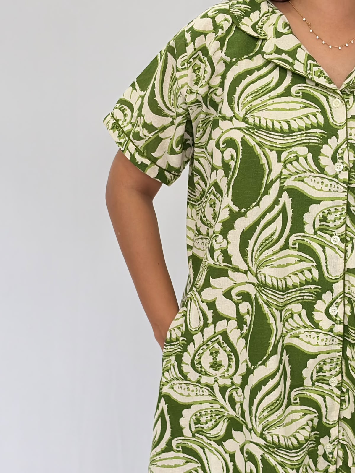 Green Leaf Printed Plus Size Khadi Cotton Full Open Long Polo Shirt Dress | Side Pocket | Chest Width 50″| Length 44″