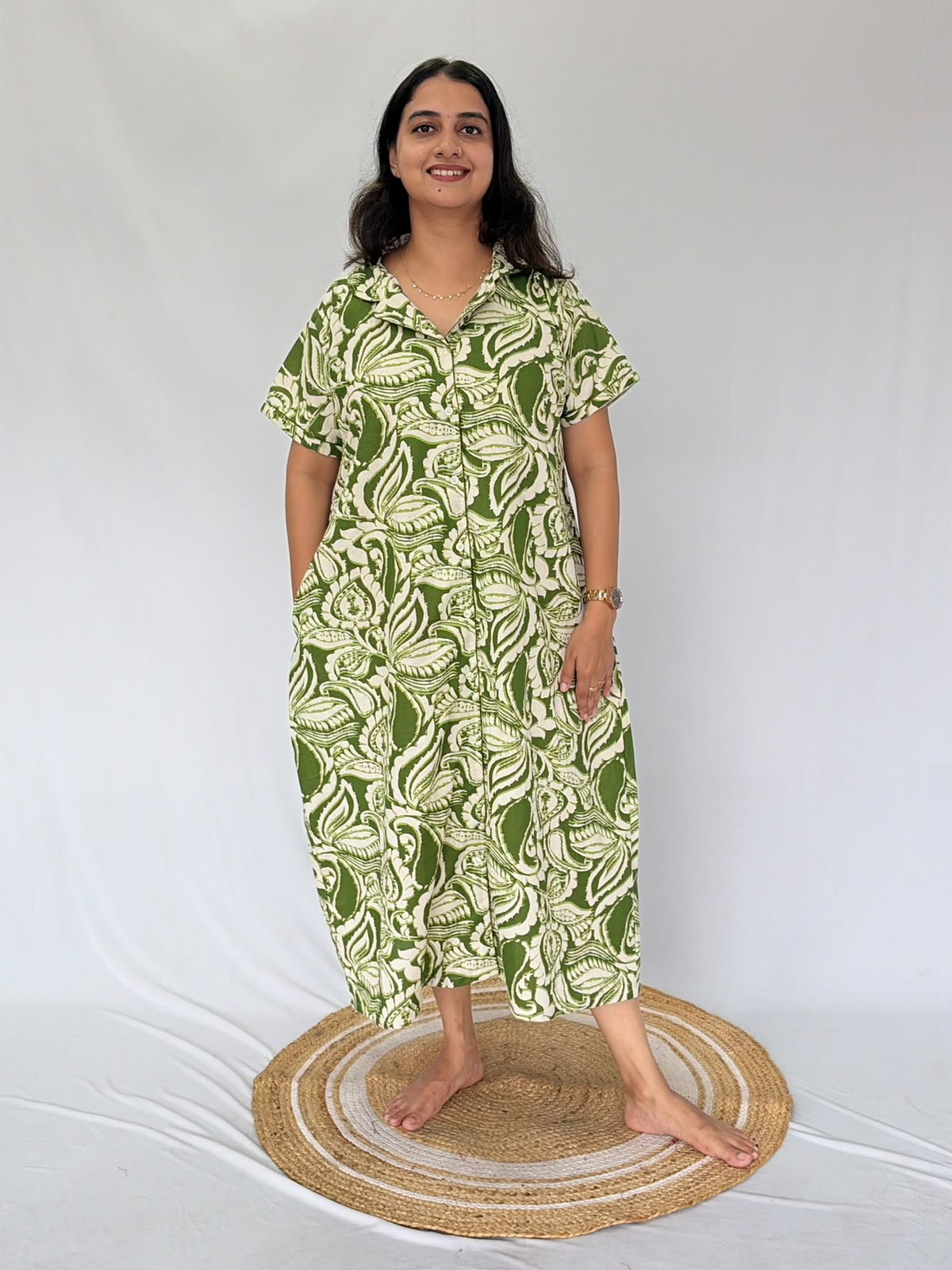 Green Leaf Printed Plus Size Khadi Cotton Full Open Long Polo Shirt Dress | Side Pocket | Chest Width 50″| Length 44″