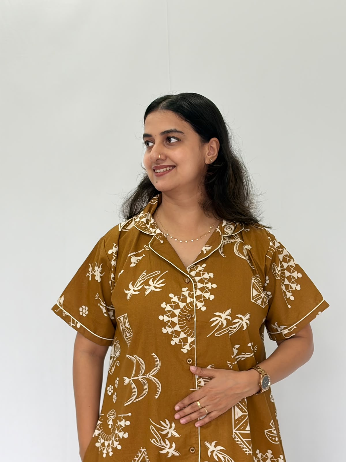 Mustard Yellow Kalamkari Printed Khadi Cotton Full Open Long Polo Shirt Dress | Side Pocket | Free Size | Chest Width 44″| Length 44″