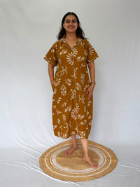 Mustard Yellow Kalamkari Printed Plus Size Khadi Cotton Full Open Long Polo Shirt Dress | Side Pocket | Chest Width 50″| Length 44″