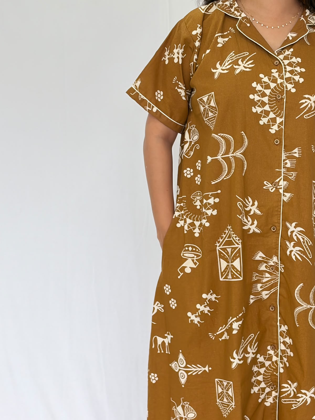 Mustard Yellow Kalamkari Printed Khadi Cotton Full Open Long Polo Shirt Dress | Side Pocket | Free Size | Chest Width 44″| Length 44″