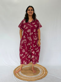 Maroon Kalamkari Printed Khadi Cotton Full Open Long Polo Shirt Dress | Side Pocket | Free Size | Chest Width 44″| Length 44″