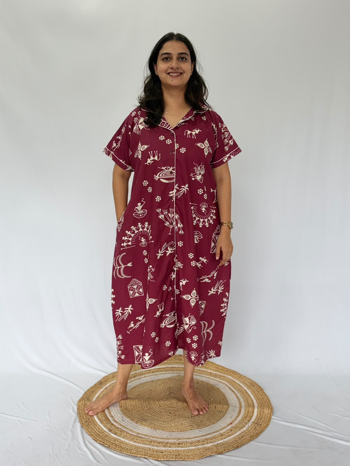 Maroon Kalamkari Printed Plus Size Khadi Cotton Full Open Long Polo Shirt Dress | Side Pocket | Chest Width 50″| Length 44″