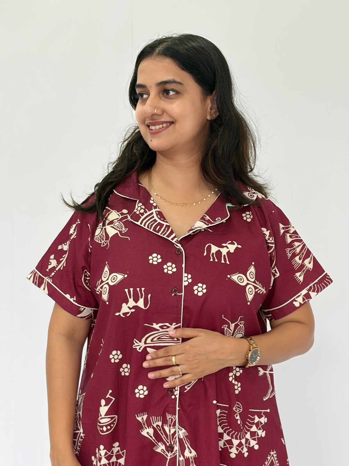 Maroon Kalamkari Printed Khadi Cotton Full Open Long Polo Shirt Dress | Side Pocket | Free Size | Chest Width 44″| Length 44″