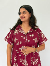 Maroon Kalamkari Printed Plus Size Khadi Cotton Full Open Long Polo Shirt Dress | Side Pocket | Chest Width 50″| Length 44″