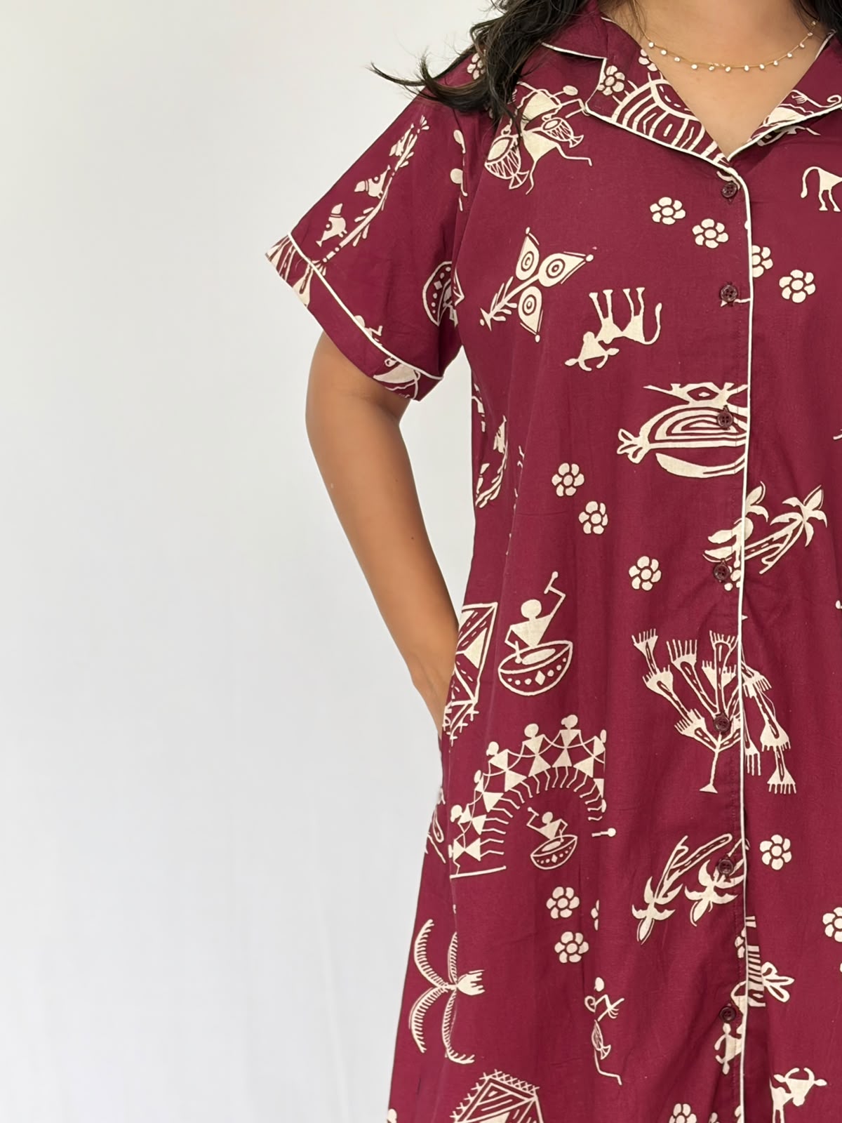 Maroon Kalamkari Printed Plus Size Khadi Cotton Full Open Long Polo Shirt Dress | Side Pocket | Chest Width 50″| Length 44″