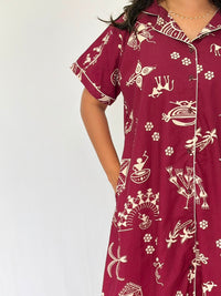 Maroon Kalamkari Printed Plus Size Khadi Cotton Full Open Long Polo Shirt Dress | Side Pocket | Chest Width 50″| Length 44″