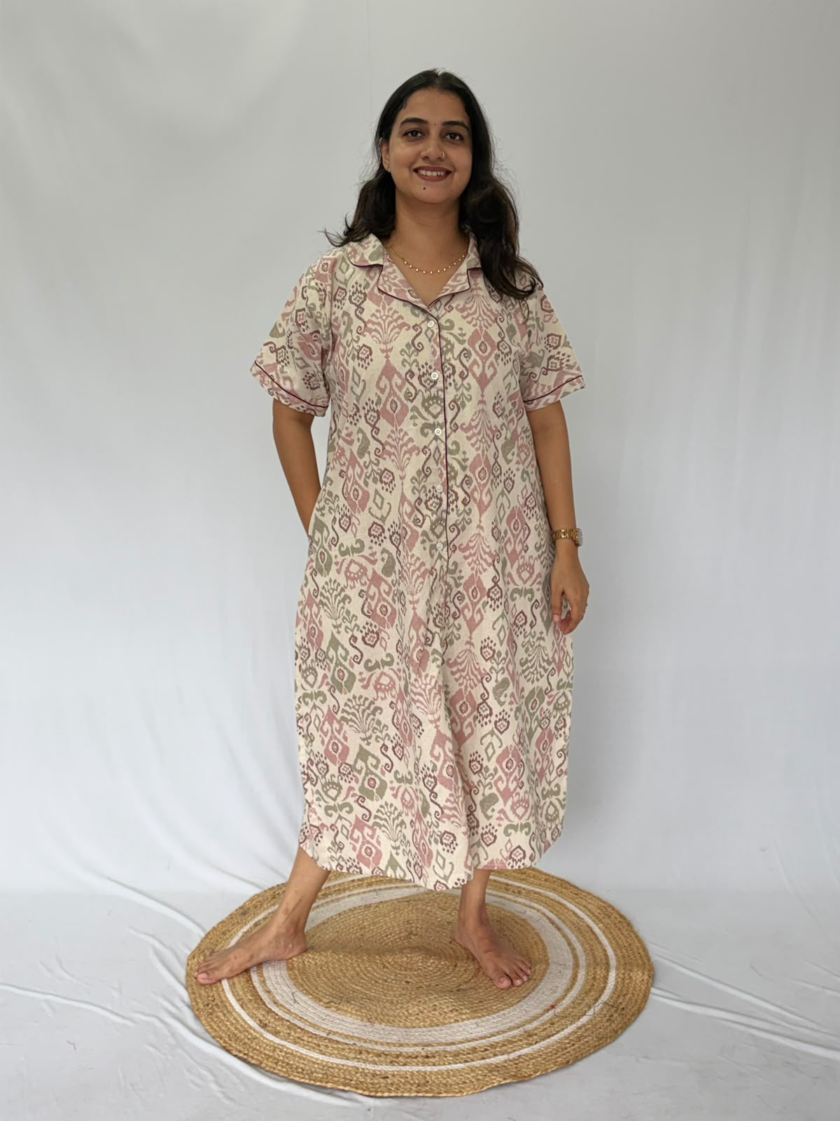 Peach Ikat Printed Khadi Cotton Full Open Long Polo Shirt Dress | Side Pocket | Free Size | Chest Width 44″| Length 44″