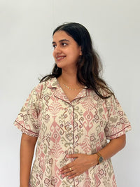 Peach Ikat Printed Khadi Cotton Full Open Long Polo Shirt Dress | Side Pocket | Free Size | Chest Width 44″| Length 44″