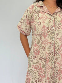 Peach Ikat Printed Khadi Cotton Full Open Long Polo Shirt Dress | Side Pocket | Free Size | Chest Width 44″| Length 44″
