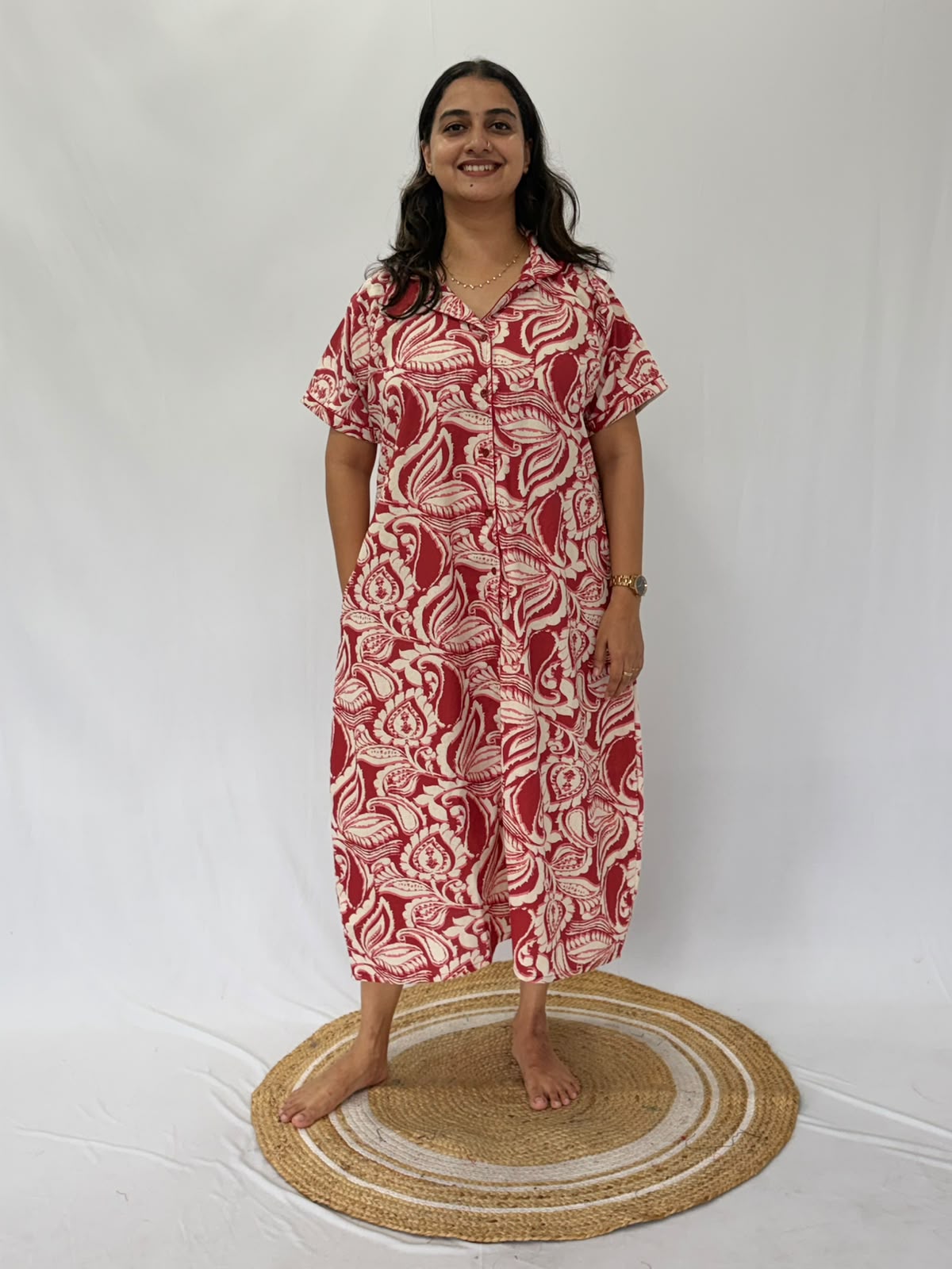 Red Leaf Printed Plus Size Khadi Cotton Full Open Long Polo Shirt Dress | Side Pocket | Chest Width 50″| Length 44″