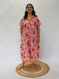 Red Leaf Printed Plus Size Khadi Cotton Full Open Long Polo Shirt Dress | Side Pocket | Chest Width 50″| Length 44″