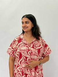 Red Leaf Printed Khadi Cotton Full Open Long Polo Shirt Dress | Side Pocket | Free Size | Chest Width 44″| Length 44″