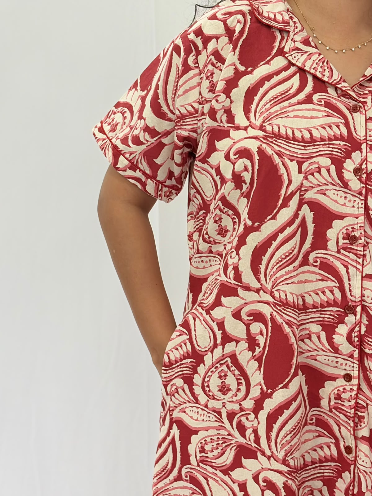 Red Leaf Printed Khadi Cotton Full Open Long Polo Shirt Dress | Side Pocket | Free Size | Chest Width 44″| Length 44″