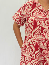Red Leaf Printed Khadi Cotton Full Open Long Polo Shirt Dress | Side Pocket | Free Size | Chest Width 44″| Length 44″