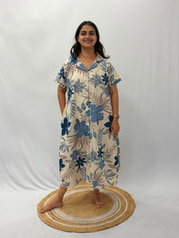 Blue Floral Printed Khadi Cotton Full Open Long Polo Shirt Dress | Side Pocket | Free Size | Chest Width 44″| Length 44″