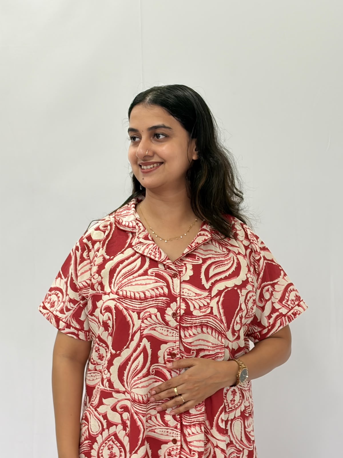 Red Leaf Printed Plus Size Khadi Cotton Full Open Long Polo Shirt Dress | Side Pocket | Chest Width 50″| Length 44″