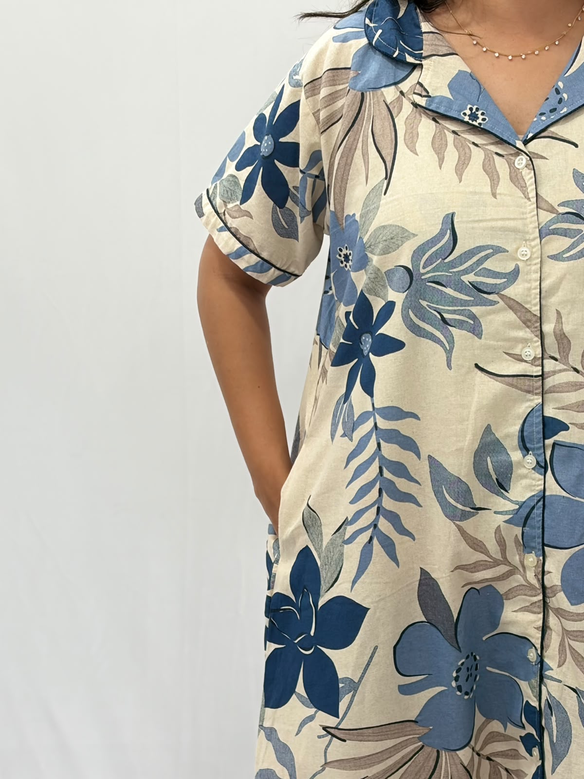 Blue Floral Printed Khadi Cotton Full Open Long Polo Shirt Dress | Side Pocket | Free Size | Chest Width 44″| Length 44″