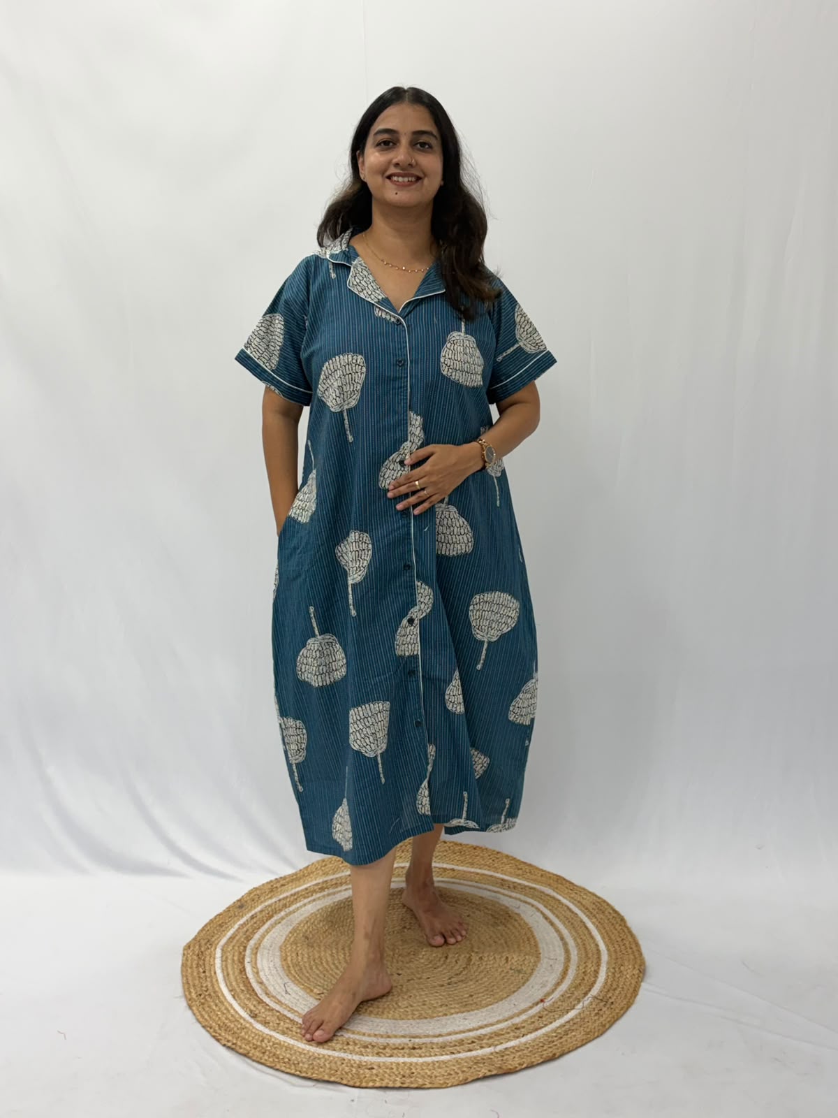 Ash Blue Floral Printed Plus Size Khadi Cotton Full Open Long Polo Shirt Dress | Side Pocket | Chest Width 50″| Length 44″