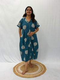 Ash Blue Floral Printed Plus Size Khadi Cotton Full Open Long Polo Shirt Dress | Side Pocket | Chest Width 50″| Length 44″