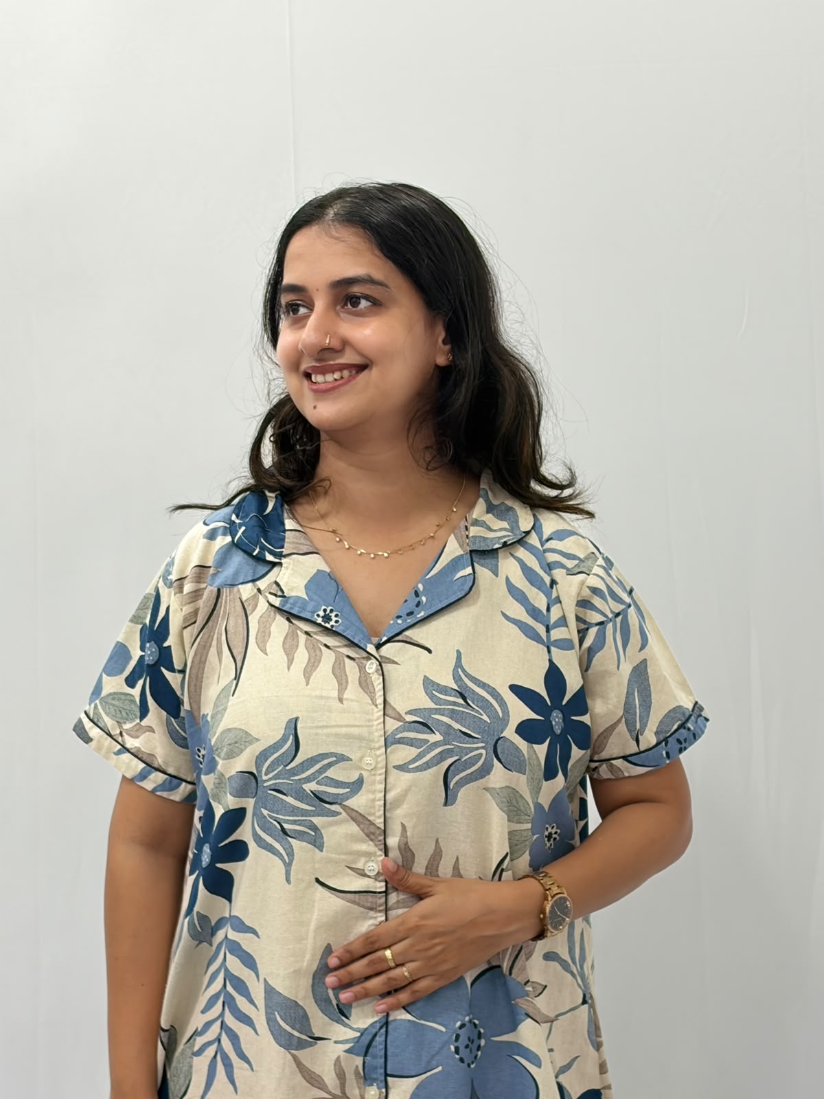 Blue Floral Printed Plus Size Khadi Cotton Full Open Long Polo Shirt Dress | Side Pocket | Chest Width 50″| Length 44″