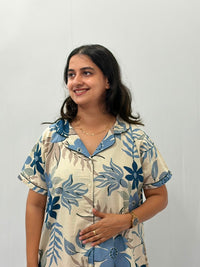 Blue Floral Printed Plus Size Khadi Cotton Full Open Long Polo Shirt Dress | Side Pocket | Chest Width 50″| Length 44″