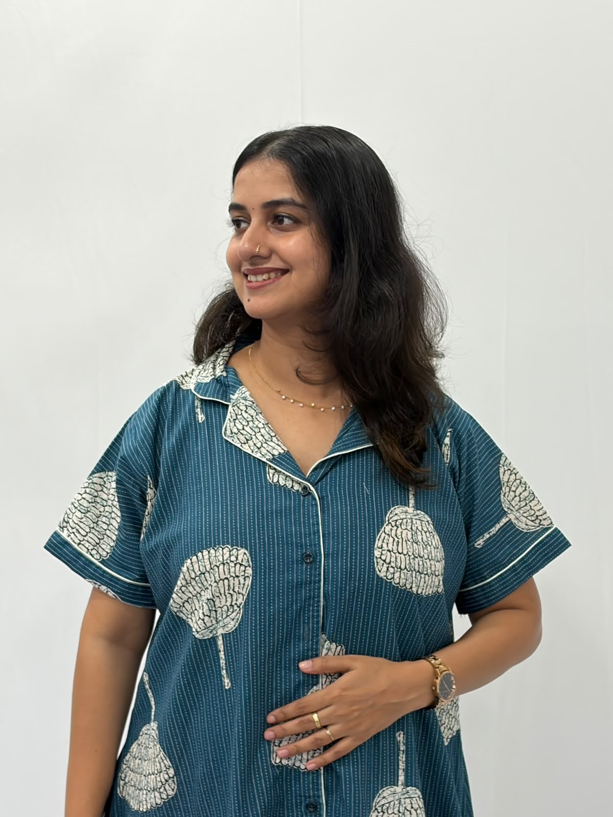 Ash Blue Floral Printed Khadi Cotton Full Open Long Polo Shirt Dress | Side Pocket | Free Size | Chest Width 44″| Length 44″