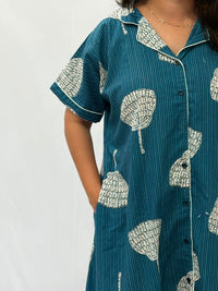 Ash Blue Floral Printed Khadi Cotton Full Open Long Polo Shirt Dress | Side Pocket | Free Size | Chest Width 44″| Length 44″