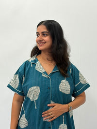 Ash Blue Floral Printed Plus Size Khadi Cotton Full Open Long Polo Shirt Dress | Side Pocket | Chest Width 50″| Length 44″