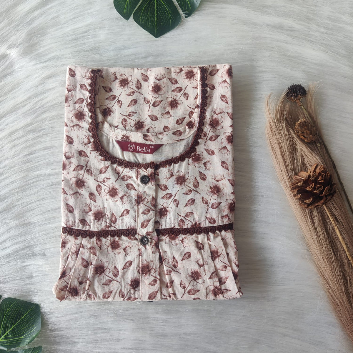 Brown Leaf Printed Pure Cotton Lace Button Nighty | Free Size | Chest Width 44"| Length 54"-56"
